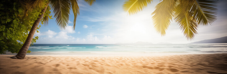 Tropical beach with palm trees and sand panoramic banner - obrazy, fototapety, plakaty