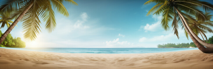 Tropical beach with palm trees and sand. Panoramic banner