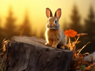 Naklejka na ściany i meble Adorable Juvenile Rabbit: Nature's Grace Captured on a Tree Stump! Generative AI