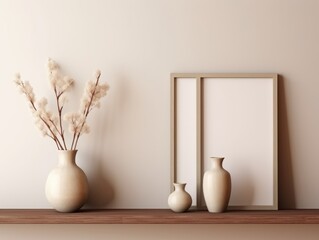 Exquisite 3D Framed Vases on Wooden Shelf Display: Elevate Your Home Decor Now! Generative AI