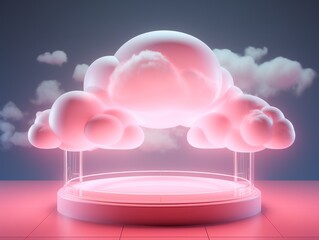 Stunning 3D Model of a Podium Suspended in Dreamy Pink Clouds Generative AI