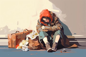A homeless, poor, and lonely person sitting in despair