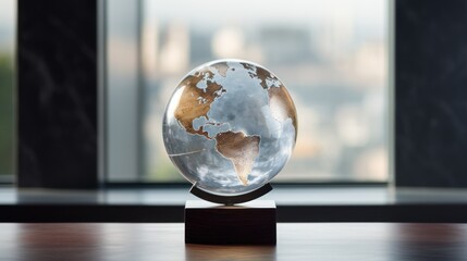  a glass globe sits on a wooden stand in front of a window with a cityscape in the background.