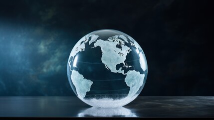  a glass globe sitting on a table in a dark room with a light shining on the side of the globe.