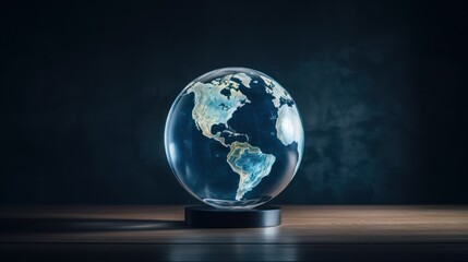  a glass globe on a wooden table in a dark room with a black wall behind it and a shadow of the earth in the middle of the globe.