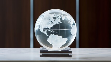  a glass globe sitting on top of a marble counter top in front of a wooden paneled wall with a window behind it.