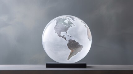  a glass globe sitting on top of a black stand on top of a wooden table in front of a gray wall.