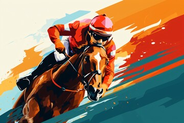 Horse racing poster or banner design with a jockey riding the horse