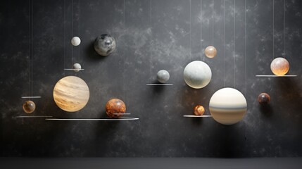  a wall with a bunch of different planets hanging from it's sides and hanging from the ceiling in the middle of the room.