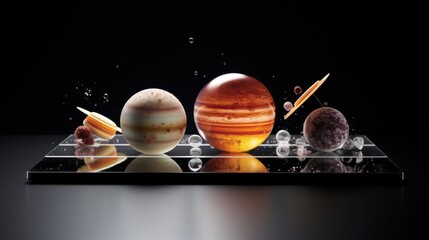  a picture of a solar system on a black background with a reflection of the sun and the planets in it.