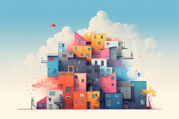3d cartoon illustration of a society with multiple houses and buildings - obrazy, fototapety, plakaty