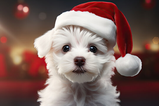 lindo perro blanco caniche con gorro de papá noel sobre fondo rojo desenfocado