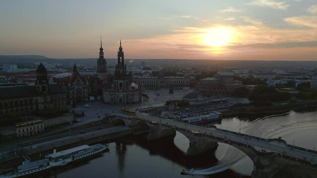 Fabulous aerial top view flight drone Sunset town Dresden Cathedral Bridge River