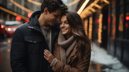 young handsome man gives a gift to a beautiful woman on a city street, date, love, Christmas, Valentine's day, guy and girl, romance, boyfriend, new year, family, couple of lovers, birthday, emotions