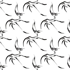 Seamless abstract botanical pattern. Simple background with black, white texture. Digital brush strokes. Flowers, lines. Design for textile fabrics, wrapping paper, background, wallpaper, cover.