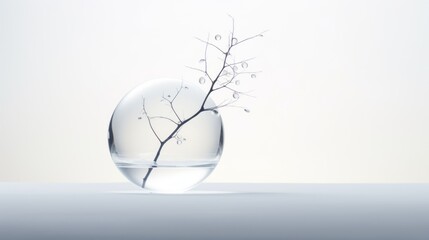 a glass vase filled with water and a twig sticking out of the top of it's water bowl.
