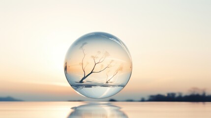 an egg with a tree inside of it floating on a body of water with a setting sun in the background.
