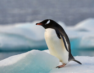 Obraz premium Adelie penguin (Pygoscelis adeliae) on iceberg. Graham Passage, Antarctic Peninsula, Antarctica.