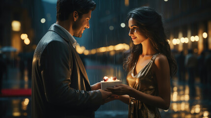 young handsome man gives a gift to a beautiful woman on a city street, date, love, Christmas, Valentine's day, guy and girl, romance, boyfriend, new year, family, couple of lovers, birthday, emotions
