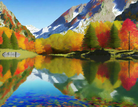 autumn colors reflected in the water of a mountain lake © Donald