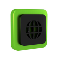 Black Worldwide icon isolated on transparent background. Pin on globe. Green square button.