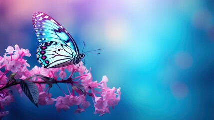  a close up of a butterfly on a flower with a blurry background of blue, pink, and purple.