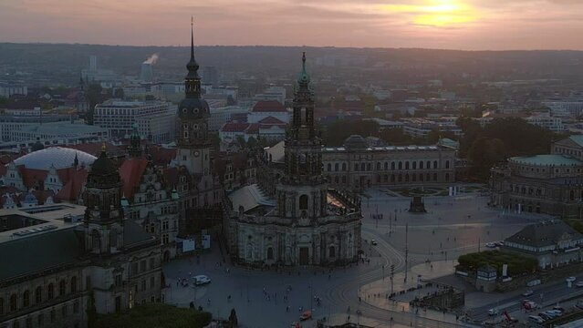Beautiful aerial view flight drone. Sunset town Dresden Cathedral Bridge River
