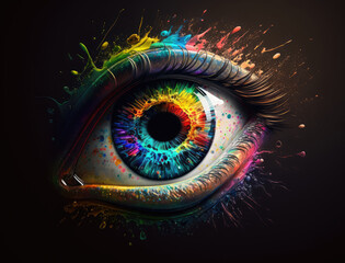 Close up of female eye with colorful iris. Human Eye under neon light. Female eye with rainbow paint splashes on black background. Eye illustration, Psy art