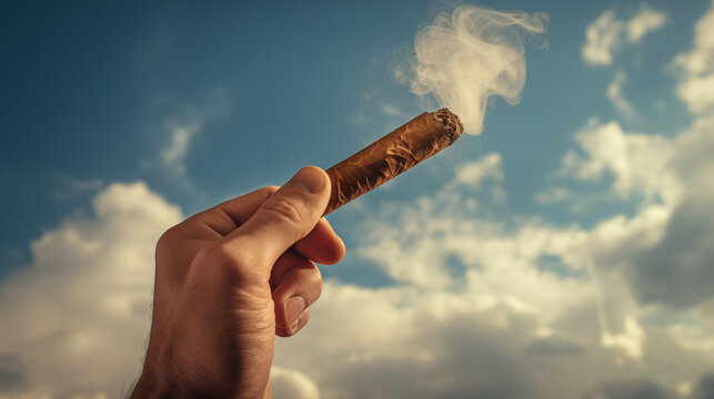Gros plan d'une main tenant un cigare font la fum&eacute;e va vers le ciel