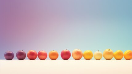  a row of apples sitting next to each other on top of a white table in front of a blue and pink background.