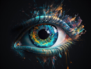 Human Eye with colorful iris under neon light. Female eye with paint splashes on black background. Eye illustration, psy art