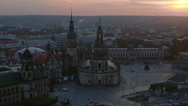 Fantastic aerial view flight drone. Sunset town Dresden Cathedral Bridge River