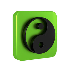 Black Yin Yang symbol of harmony and balance icon isolated on transparent background. Green square button.