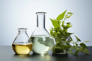 Natural Organic herbal medicine with scientific glassware against a light gray setting