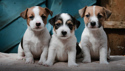 Jack Russell x Border Terrier puppies, sitting.