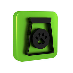 Black Bag of food for pet icon isolated on transparent background. Food for animals. Dog bone sign. Pet food package. Green square button.