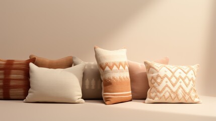  a group of pillows sitting next to each other on a white surface with a light coming through the window behind them.