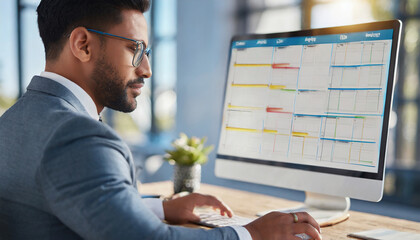 Project manager working with Gantt chart schedule to plan tasks and deliverables. Scheduling activities with a planning software, Corporate strategy for finance, operations, sales, marketing - obrazy, fototapety, plakaty
