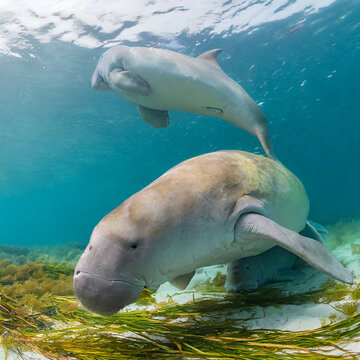 Portrait of a male Dugong (Dugong dugon) feeding on a seagrass meadow (Halophila stipulacea), accompanied by a young golden trevally