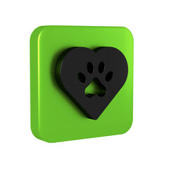 Black Heart with animals footprint icon isolated on transparent background. Pet paw in heart. Love to the animals. Green square button.