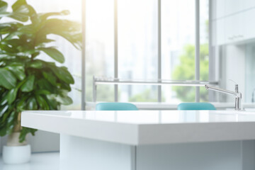 Fototapeta premium Empty white table in front of the blurred dentist's office background. Generative AI