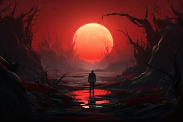 A lonely man during a sunset in a beautiful landscape - obrazy, fototapety, plakaty