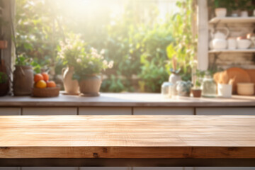 Empty wooden table in front of the blurred background of kitchen interior. Generative AI