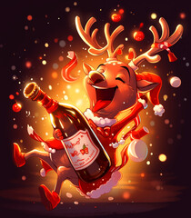 Drunk dancing christmas reindeer - Funny cute christmas deer, with lights on his horns, new year's drink, festive treat, comic character, red nose, in red range gamut, christmas reindeer