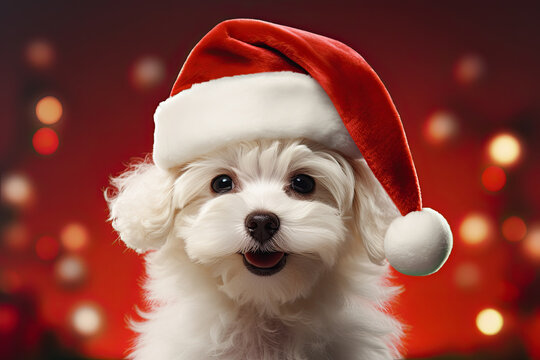 lindo perro blanco caniche con gorro de papá noel sobre fondo rojo desenfocado