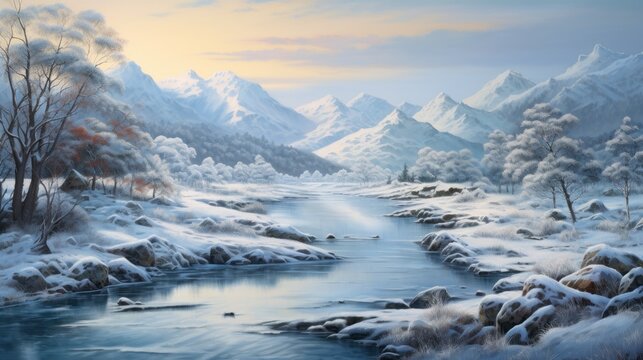  a painting of a snowy mountain landscape with a river running through the center of the picture and trees on the other side of the river.