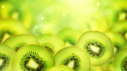  a bunch of sliced kiwis sitting in the middle of a pile of other kiwis in front of a bright green background.