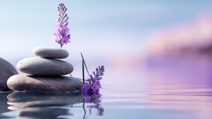 Obraz na płótnie Canvas a stack of rocks sitting on top of a body of water next to a plant with purple flowers growing out of it.