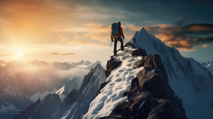 Courageous Climber Conquers Snowy Mountain Peak - obrazy, fototapety, plakaty