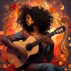 Obraz premium Curly-Haired Woman Performing on Stage with Electric Guitar